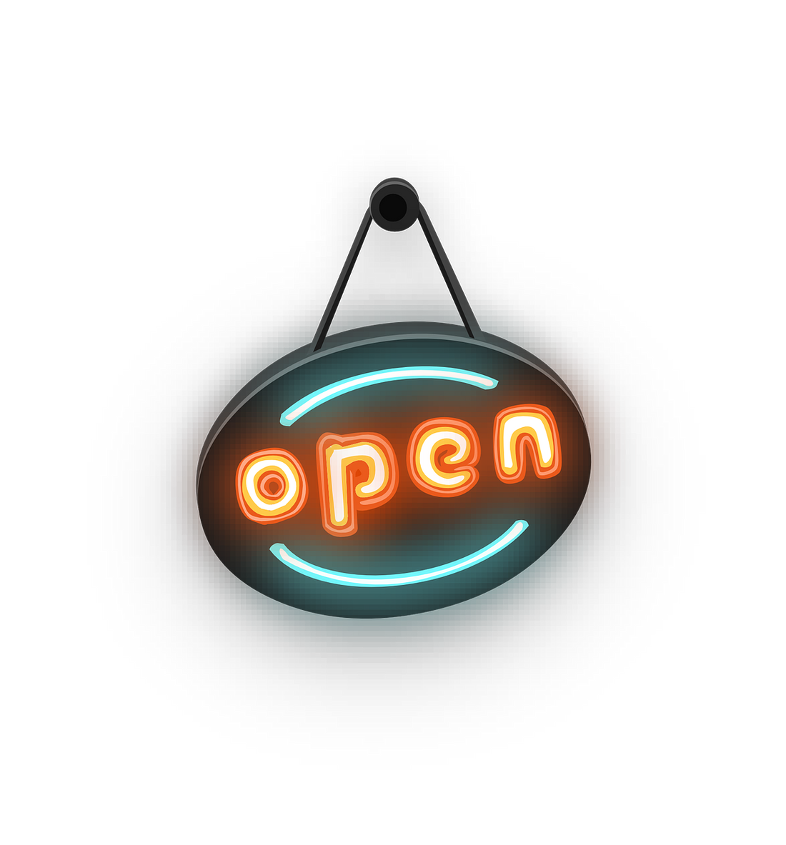 open sign hung on glass door. The words give the appearance of being written in fluorescence light tubes