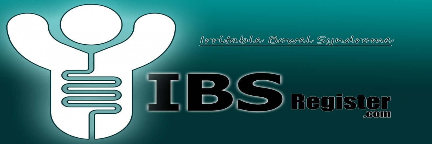 Logo of the IBS Register. A white snowman shaped figure with arms up, and a green digestive tract. The background in also green.